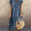Women's Casual Dress Cotton Linen Dress Swing Dress Midi Dress Cotton Blend Basic Modern Outdoor Daily V Neck Button Layered Short Sleeve Summer Spring 2023 Loose Fit Blue Plain S M L XL 2XL -HANA Luxury Wear Shop gdjiuz1683796995834