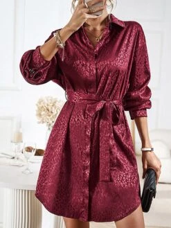 Women's Shirt Dress Midi Dress Outdoor Date Vacation Satin Fashion Elegant Shirt Collar Lace Up Button Long Sleeve Spring Fall Winter 2023 Loose Fit Black Wine Brown Pure Color S M L XL -HANA Luxury Wear Shop gdxmbi1692856939832