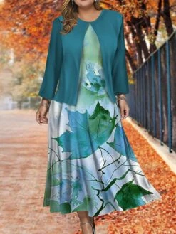 Women's Plus Size Two Piece Dress Set Casual Dress Swing Dress Outdoor Office Fashion Streetwear Print Midi Dress Crew Neck Long Sleeve Leaf Regular Fit Blue Brown Khaki Fall Winter L XL XXL 3XL 4XL -HANA Luxury Wear Shop gehvmp1697785076622