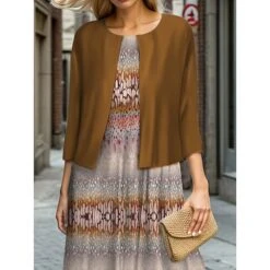 Women's Two Piece Dress Set Casual Dress Swing Dress Outdoor Office Fashion Streetwear Print Midi Dress Crew Neck 3/4 Length Sleeve Geometric Stripe Regular Fit Fuchsia Brown Fall Winter S M L XL XXL -HANA Luxury Wear Shop gepsui1695644986036