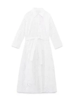 Women's Shirt Dress Casual Dress Midi Dress Outdoor Daily Vacation Cotton Fashion Modern Shirt Collar Lace Up Button Long Sleeve Fall Winter 2023 Regular Fit White Pure Color XS S M L -HANA Luxury Wear Shop gfufqb1695644908696