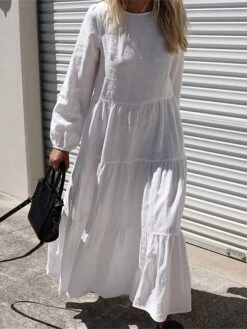 Women's Casual Dress Cotton Linen Dress Swing Dress Maxi Long Dress Linen / Cotton Blend Fashion Modern Outdoor Daily Vacation Crew Neck Ruched Ruffle Long Sleeve Summer Spring Fall 2023 Slim Black -HANA Luxury Wear Shop ghuxwf1689651679687