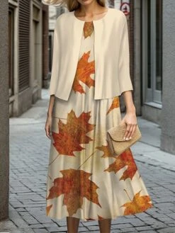 Women's Two Piece Dress Set Casual Dress Swing Dress Outdoor Office Fashion Streetwear Print Midi Dress Crew Neck 3/4 Length Sleeve Leaf Regular Fit Navy Blue Brown Khaki Fall Winter S M L XL XXL -HANA Luxury Wear Shop ghzwtd1697524427615