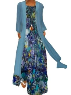 Women's Two Piece Dress Set Casual Dress Shift Dress Daily Going Out Casual Pocket Print Maxi Dress Crew Neck 3/4 Length Sleeve Floral Loose Fit Light Green Pink Blue Summer Spring M L XL XXL XXXL -HANA Luxury Wear Shop giccmr1672828062451