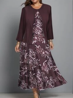 Women's Plus Size Two Piece Dress Set Casual Dress Swing Dress Outdoor Office Fashion Streetwear Print Midi Dress Crew Neck Long Sleeve Floral Regular Fit Navy Blue Purple Green Fall Winter L XL XXL -HANA Luxury Wear Shop gicziv1697089239321