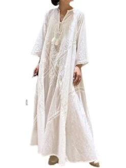 Women's Casual Dress Cotton Linen Dress Swing Dress Maxi Long Dress Linen Basic Classic Outdoor Daily Vacation V Neck Ruched Long Sleeve Spring Fall Winter 2023 Loose Fit White Plain One-Size -HANA Luxury Wear Shop gigpue1692340890241