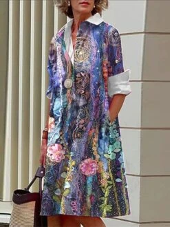 Women's Shirt Dress Casual Dress Midi Dress Outdoor Office Daily Polyester Fashion Modern Shirt Collar Button Pocket Long Sleeve Fall Winter 2023 Loose Fit ArmyGreen White Blue Floral S M L XL 2XL -HANA Luxury Wear Shop givwes1693226876358
