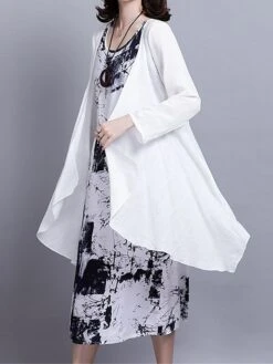 Women's Two Piece Dress Set Casual Dress Cotton Linen Dress Daily Holiday Fashion Streetwear Pocket Drawstring Midi Dress Crew Neck Long Sleeve Painting Print Loose Fit Black Dark Blue Fall Winter M -HANA Luxury Wear Shop giweoe1694068676504