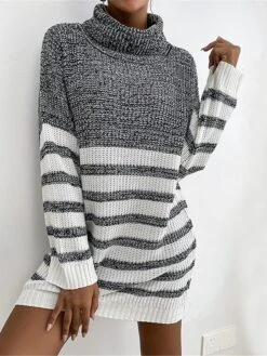 Women's Sweater Dress Winter Dress Jumper Dress Mini Dress Patchwork Ribbed Daily Date Going Out Fashion Basic Turtleneck Long Sleeve 2023 Loose Fit Gray Color S M L Size -HANA Luxury Wear Shop gixlmu1695032170812