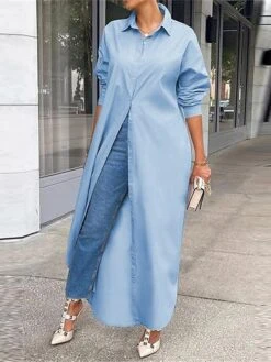 Women's Shirt Dress Casual Dress Shift Dress Maxi Long Dress Outdoor Daily Vacation Polyester Fashion Modern Shirt Collar Button Split Long Sleeve Summer Spring Fall 2023 Loose Fit White Blue Green -HANA Luxury Wear Shop giylgb1689847489509