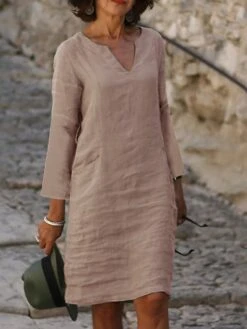 Women's Casual Dress Cotton Linen Dress Shift Dress Midi Dress Cotton Blend Modern Style Modern Outdoor Daily Date Split Neck Button Rolled Cuff 3/4 Length Sleeve Summer Spring Fall 2023 Regular Fit -HANA Luxury Wear Shop gjdvqc1686196457104