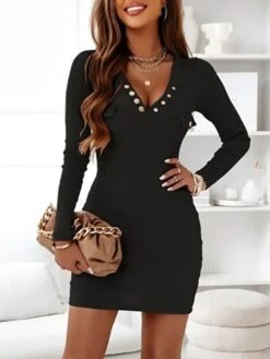 Women‘s Sweater Dress Winter Dress Bodycon Mini Dress Black White Pink Long Sleeve Pure Color Button Fall Winter Autumn V Neck Fashion Winter Dress Vacation Fall Dress 2022 S M L XL XXL 3XL -HANA Luxury Wear Shop gjoilg1658140683003