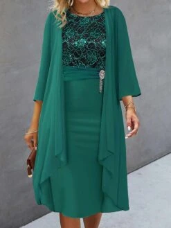 Women's Two Piece Dress Set Party Dress Lace Dress Party Office Fashion Elegant Lace Patchwork Midi Dress Crew Neck 3/4 Length Sleeve Plain Regular Fit Green Fall Winter S M L XL XXL -HANA Luxury Wear Shop gkqdbo1696758947887