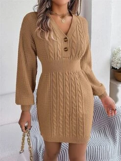 Women's Sweater Dress Winter Dress Jumper Dress Mini Dress Active Pure Color Outdoor Casual Holiday Vacation V Neck Long Sleeve Button 2023 Regular Fit White Pink Green S M L -HANA Luxury Wear Shop gkwvps1696926536303