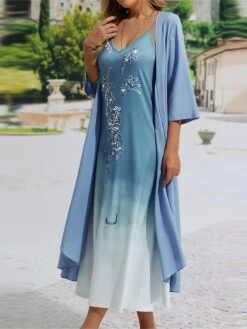 Women's Two Piece Dress Set Casual Dress Chiffon Dress Outdoor Daily Fashion Casual Print Midi Dress V Neck Half Sleeve Floral Ombre Regular Fit Royal Blue Green Summer Spring S M L XL XXL -HANA Luxury Wear Shop gljtbw1683626202656