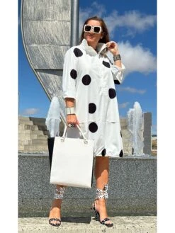 Women's Shirt Dress Casual Dress Midi Dress Outdoor Office Daily Cotton Fashion Modern Shirt Collar Button Pocket 3/4 Length Sleeve Summer Spring Fall 2023 Regular Fit White Polka Dot S M L XL XXL -HANA Luxury Wear Shop glkvhp1695121854785