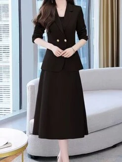 Women's Two Piece Dress Set Work Dress Skirt Set Formal Office Streetwear Elegant Button Pocket Midi Dress Shirt Collar Long Sleeve Plain Regular Fit Black Purple Beige Fall Winter M L XL XXL 3XL -HANA Luxury Wear Shop glwdhf1694498847708