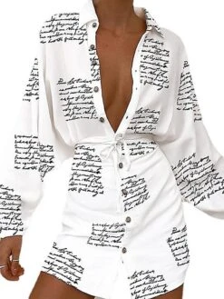 Women's Shirt Dress Wrap Dress Mini Dress Winter Dress Daily Vacation Polyester Casual Shirt Collar Button Print Long Sleeve Spring Fall Winter 2022 Regular Fit White Red Geometric Letter Stripe S M -HANA Luxury Wear Shop glyhjs1631270731376