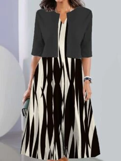 Women's Two Piece Dress Set Casual Dress Print Dress Outdoor Daily Fashion Elegant Print Midi Dress V Neck Half Sleeve Geometric Color Block Regular Fit Black White Navy Blue Summer Spring S M L XL -HANA Luxury Wear Shop gmfxaj1689736205232