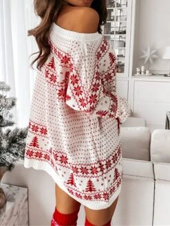Women‘s Christmas Sweater Dress Jumper Dress Winter Dress Fashion Ugly Christmas Outdoor Christmas Daily Going Out Crew Neck Long Sleeve Patchwork 2023 Loose Fit White Red S M L XL -HANA Luxury Wear Shop gmgatk1694602154053