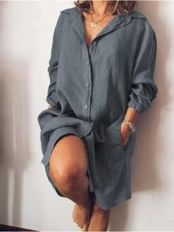 Women's Shirt Dress Casual Dress Shift Dress Midi Dress Outdoor Winter Dress Office Polyester Basic Casual Shirt Collar Button Pocket Long Sleeve Summer Spring Fall 2023 Loose Fit Black White Yellow -HANA Luxury Wear Shop gmlihx1645433020939