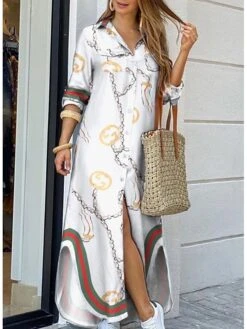 Women's Shirt Dress Long Dress Maxi Dress Black Blue Army Green Long Sleeve Leopard Patchwork Fall Spring Shirt Collar Winter Dress Fall Dress Loose Fit S M L XL XXL -HANA Luxury Wear Shop gmrjkq1608278549047