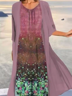 Women's Two Piece Dress Set Casual Dress Print Dress Outdoor Daily Fashion Elegant Print Midi Dress Crew Neck 3/4 Length Sleeve Floral Ombre Loose Fit Light Green Blue Purple Summer Spring S M L XL -HANA Luxury Wear Shop gmrqhp1690857725500