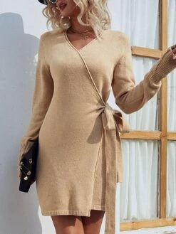 Women's Sweater Dress Jumper Dress Casual Dress Mini Dress Fashion Pure Color Outdoor Daily Vacation Going Out V Neck Long Sleeve Lace Up Patchwork 2023 Regular Fit Pink Khaki Dark Gray S M L XL -HANA Luxury Wear Shop gmvdzm1693994035111