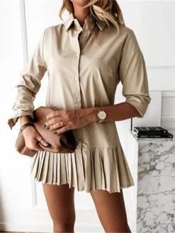 Women's Shirt Dress Casual Dress Mini Dress Outdoor Daily Cotton Fashion Basic Shirt Collar Ruffle Button Long Sleeve Summer Spring Fall 2023 Loose Fit Black White Khaki Pure Color S M L XL XXL -HANA Luxury Wear Shop gneqpn1688463686875
