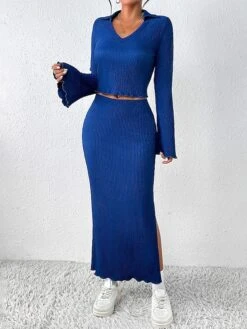 Women's Two Piece Dress Set Skirt Set Swing Dress Home Christmas Punk Work Lace Up Patchwork Long Dress Maxi Dress Crew Neck Long Sleeve Color Block Rainbow Slim Blue Fall Winter S M L XL -HANA Luxury Wear Shop gnmqpb1697524998269