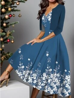 Women's Two Piece Dress Set Casual Dress Swing Dress Outdoor Daily Fashion Elegant Print Midi Dress V Neck Half Sleeve Floral Regular Fit Black Royal Blue Blue Fall Winter S M L XL XXL -HANA Luxury Wear Shop gotfvn1697424506220