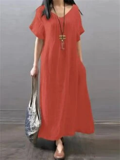 Women's Casual Dress Cotton Linen Dress A Line Dress Maxi Long Dress Cotton Blend Daily Classic Outdoor Daily Vacation V Neck Pocket Baggy Short Sleeve Summer Spring 2023 Loose Fit Red Blue Green -HANA Luxury Wear Shop gqcwaz1690886048845
