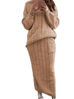 Women's Two Piece Dress Set Casual Dress Skirt Set Daily Holiday Fashion Streetwear Pocket Ribbed Long Dress Maxi Dress Crew Neck Long Sleeve Plain Loose Fit Black Yellow Wine Fall Winter S M L XL XXL -HANA Luxury Wear Shop gqjifb1694165731489