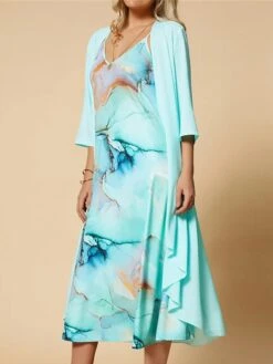 Women's Two Piece Dress Set Casual Dress Chiffon Dress Outdoor Daily Fashion Casual Print Midi Dress V Neck Half Sleeve Floral Ombre Regular Fit Royal Blue Green Summer Spring S M L XL XXL -HANA Luxury Wear Shop grcuip1683626204609