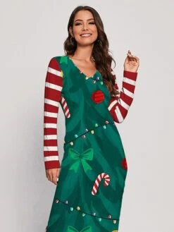 Women's Christmas Dress Sweater Dress Jumper Dress Midi Dress Ugly Stripe Outdoor Christmas Daily Holiday V Neck Long Sleeve 2023 Regular Fit Wine Green S M L XL XXL 3XL -HANA Luxury Wear Shop grfwwe1697378124496