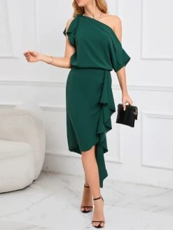 Women's Two Piece Dress Set Party Dress Skirt Set Party Outdoor Fashion Party Ruffle Asymmetrical Midi Dress Off Shoulder Half Sleeve Plain Loose Fit Green Spring Fall S M L XL XXL -HANA Luxury Wear Shop grqcex1692339650470