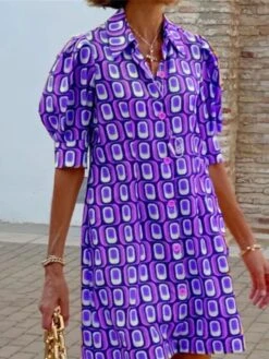 Women's Shirt Dress Casual Dress Shift Dress Midi Dress Outdoor Daily Vacation Polyester Classic Casual Shirt Collar Button Half Sleeve Summer Spring Fall 2023 Loose Fit Yellow Red Purple Plaid S M L -HANA Luxury Wear Shop gsiukr1680164408148