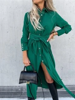 Women's Shirt Dress Shift Dress Swing Dress Maxi Long Dress Winter Dress Daily Holiday Polyester Elegant Classic Shirt Collar Button With Belt Long Sleeve Spring Fall Winter 2023 Regular Fit Black -HANA Luxury Wear Shop gsksbi1663559804817