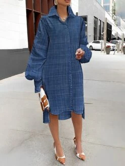 Women's Plus Size Shirt Dress Casual Dress Shift Dress Midi Dress Outdoor Daily Date Polyester Basic Classic Shirt Collar Ruched Button Long Sleeve Spring Fall Winter 2023 Loose Fit Blue Plaid Pure