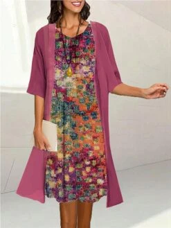 Women's Two Piece Dress Set Casual Dress Print Dress Outdoor Daily Fashion Elegant Print Midi Dress Crew Neck 3/4 Length Sleeve Floral Loose Fit Black Yellow Purple Summer Spring S M L XL XXL -HANA Luxury Wear Shop gsnxvj1690171230327