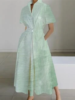Women's Shirt Dress Casual Dress Swing Dress Maxi Long Dress Outdoor Office Daily Polyester Fashion Modern Shirt Collar Button Pocket Short Sleeve Summer Spring 2023 Loose Fit Pink Blue Green Striped -HANA Luxury Wear Shop gsormr1689925382489