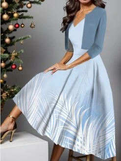 Women's Two Piece Dress Set Casual Dress Swing Dress Outdoor Daily Fashion Elegant Print Midi Dress V Neck Half Sleeve Leaf Regular Fit Pink Blue Green Fall Winter S M L XL XXL -HANA Luxury Wear Shop gswedz1697424507477