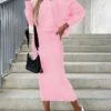 Women's Two Piece Dress Set Sweater Dress Casual Dress Outdoor Daily Fashion Streetwear Cut Out Long Dress Maxi Dress V Neck Long Sleeve Plain Regular Fit Pink Fall Winter S M L XL -HANA Luxury Wear Shop gsykfj1697089100636