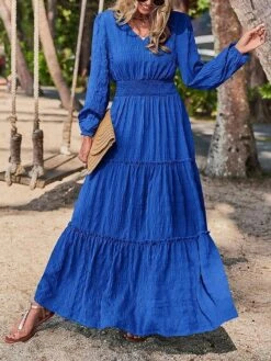 Women's Casual Dress Cotton Linen Dress Swing Dress Midi Dress Polyester Fashion Modern Outdoor Daily Vacation V Neck Ruched Ruffle Long Sleeve Summer Spring Fall 2023 Loose Fit Black Yellow Blue -HANA Luxury Wear Shop gsyqou1691040678475