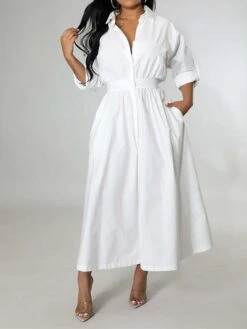 Women's Shirt Dress Casual Dress Swing Dress Maxi Long Dress Outdoor Daily Vacation Cotton And Linen Fashion Casual Shirt Collar Button Rolled Cuff Long Sleeve Spring Fall Winter 2023 Slim Black -HANA Luxury Wear Shop gtpkyt1695027663294