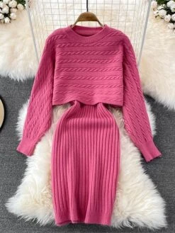 Women's Two Piece Dress Set Casual Dress Sheath Dress Outdoor Daily Fashion Streetwear Ruched Midi Dress Crew Neck Long Sleeve Plain Loose Fit Black White Wine Fall Winter One-Size -HANA Luxury Wear Shop gtwlno1694057141754