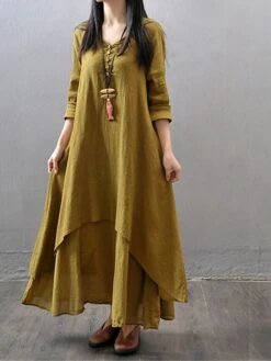 Women's Casual Dress Cotton Dress Swing Dress Maxi Long Dress Cotton Stylish Casual Winter Dress Daily Holiday V Neck Button Layered Long Sleeve Summer Spring Fall 2022 Loose Fit Black White Yellow -HANA Luxury Wear Shop guqhuz1657786370133
