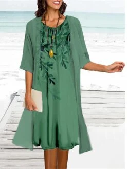 Women's Two Piece Dress Set Casual Dress Print Dress Outdoor Daily Fashion Elegant Print Midi Dress Crew Neck 3/4 Length Sleeve Floral Regular Fit Light Green Light Purple Green Summer Spring S M L -HANA Luxury Wear Shop gurefm1684477263849