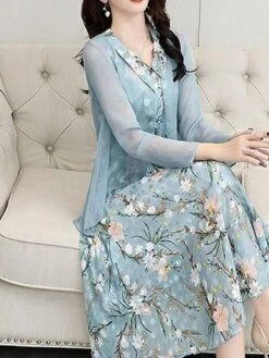 Women's Two Piece Dress Set Print Dress Outdoor Daily Modern Casual Lace Up Ruched Midi Dress V Neck Long Sleeve Floral Regular Fit Black Pink Blue Summer Spring M L XL XXL XXXL -HANA Luxury Wear Shop guryba1678430833674