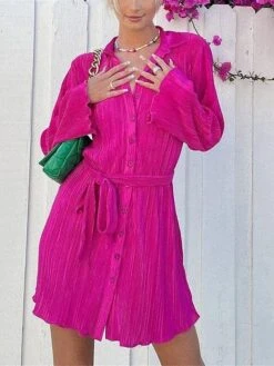 Women's Shirt Dress Casual Dress Mini Dress Outdoor Daily Vacation Polyester Fashion Modern Shirt Collar Lace Up Button Long Sleeve Spring Fall 2023 Loose Fit ArmyGreen Black Dark Pink Floral Pure -HANA Luxury Wear Shop gvcuse1693226799804